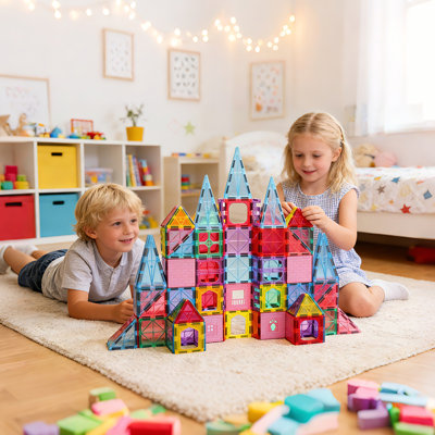 Carreaux de construction magnétiques antibactériens améliorés: ensemble de 106 pièces avec 2 voitures, jeu sécuritaire inhibant les bactéries, jouets 3D en forme de tige et cadeau de Noël parfait