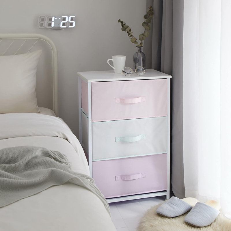 Chariot de rangement à 3 tiroirs en tissu avec cadre en bois aggloméré