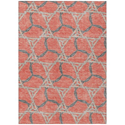 3' X 5' Coral And Taupe Geometric Washable Indoor Outdoor Area Rug