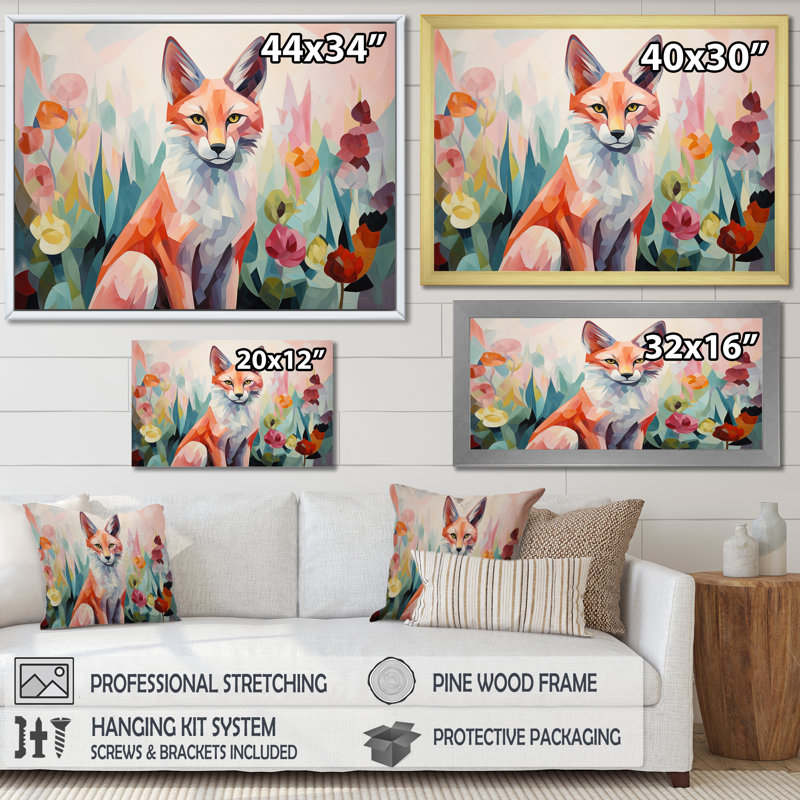 Art mural orange et rose, renard dans un style matte I - Renard, Cadre doré à coins fermés, H 34 po x l 44 po x P 1,5 po