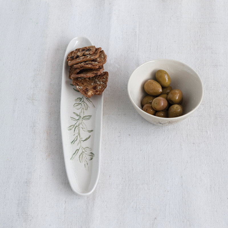 Oval Debossed Stoneware Tray with Botanical Design and Green Reactive Crackle Glaze