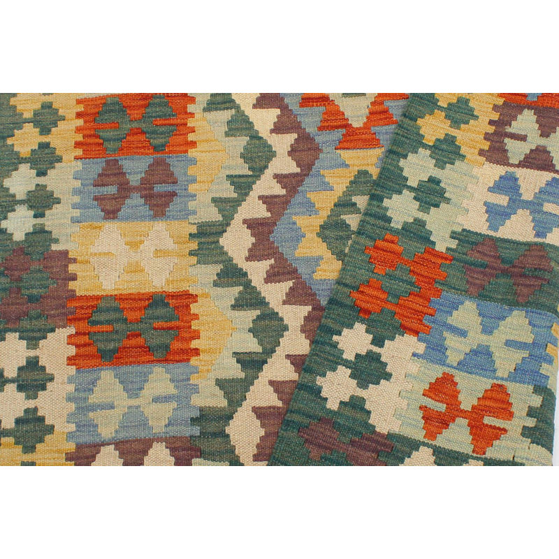 Tapis bleu / vert / beige en laine noué à la main 2 pi 11 po x 3 pi 10 po Cedorah Southwestern