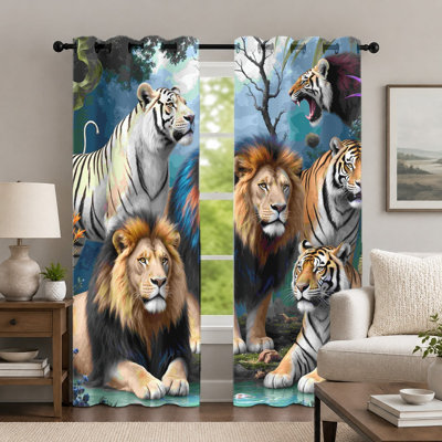 2Pcs Wild Animal Pattern Curtains, Jungle Theme Curtain, Creative Lion and Tiger Printed Art Grommet Drapes, Window Treatment for Bedroom Living Room Decor