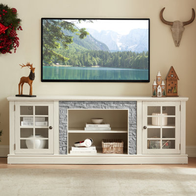 70" White Media Console With 2-door Storage, Faux Stone Design, 4 Shelves, 75'' Tv Compatibility Stand Cabinet, 69.95'' Width, Support, 6 Cable Openin