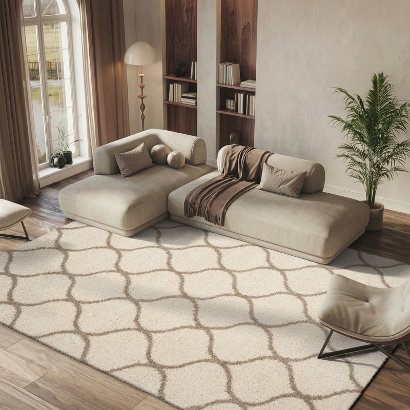 Tate Hudson Shag Performance Geometric Rug, Rectangle 5'3" x 7'6", Ivory/Beige