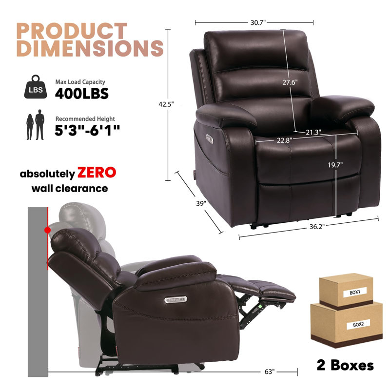 EONIX Real Zero zero clearance recliner  Recliners, Dual Motor Power Recliners for Small Spaces, RV Recliner Chair for Living Room, Bedroom, Breathable Leather, SXXY003992