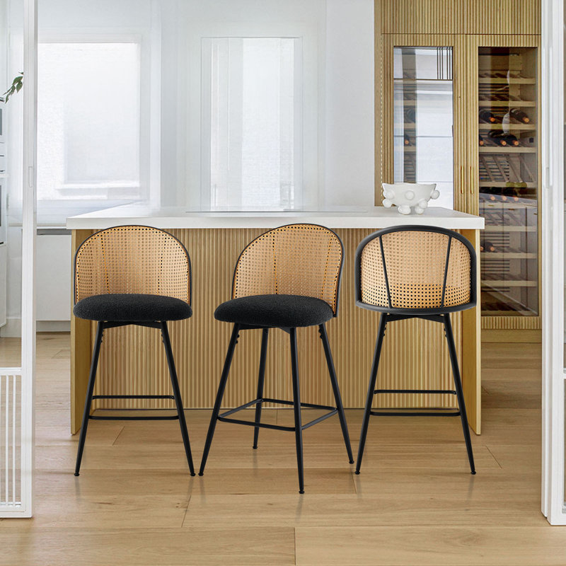 361° Swivel Upholstered Rattan Counter Height Bar Stool, Black/Natural, Noir