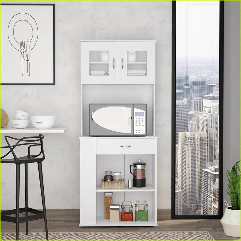 Garde-manger blanc, 8 tiroirs et 1 tablette avec comptoir pour micro-ondes | H 66,9 po x l 27,5 po x P 13,7 po | Panneau de particules | Finition lisse