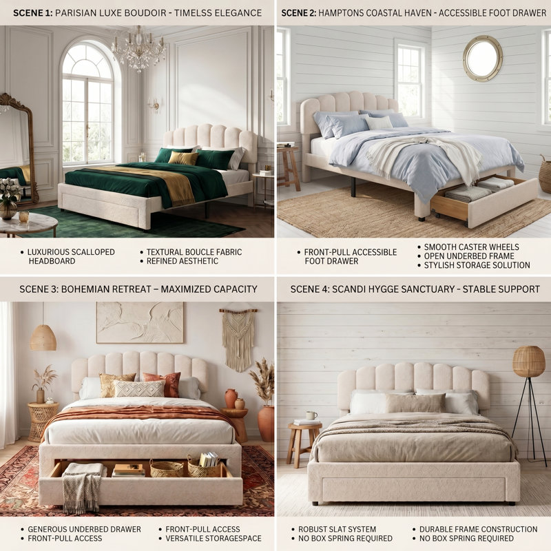 Upholstered Drawers Scalloped Bed, European Double (140 x 200 cm)