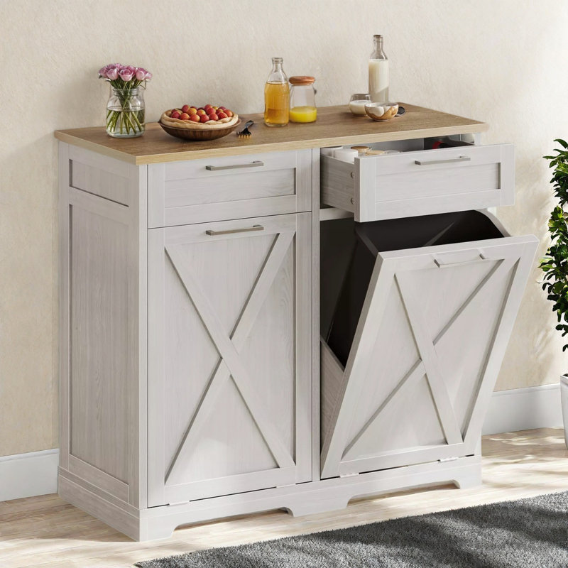 Armoire de recyclage pour poubelle autoportante avec tiroir et porte double Balconera, Blanc / naturel