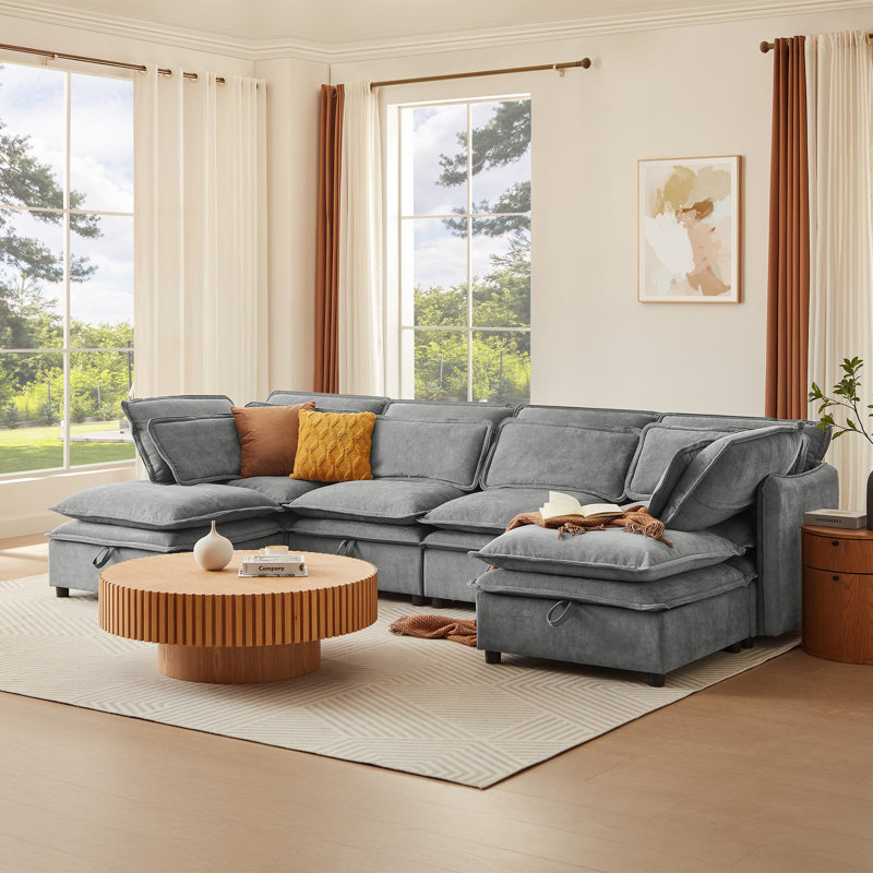 Brodrick 124.4" Sectional Modular Sofa, Gray Polyester