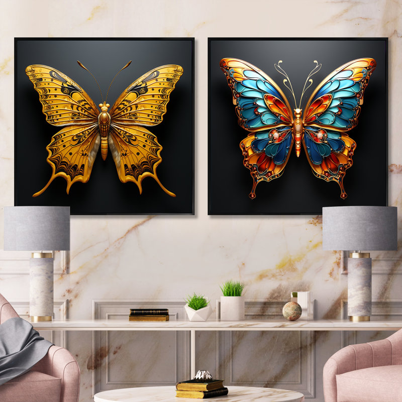 «Butterfly Expressionist Freedom» - Ensemble de 2 insectes et insectes carrés, Cadre flottant noir, H 30 po x l 61 po