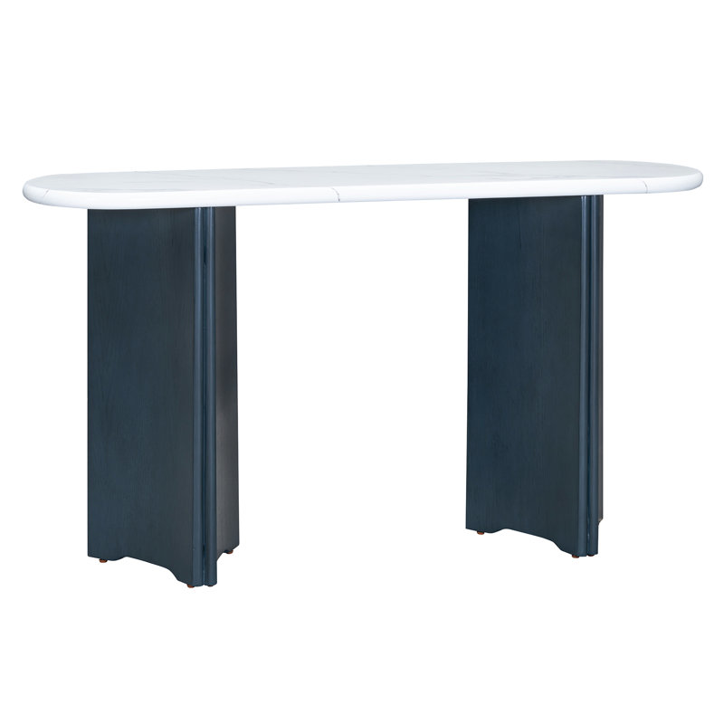 Narrow Console Table With Oval Marble Top, Curved Legs And Triangular-designed Base, Navy