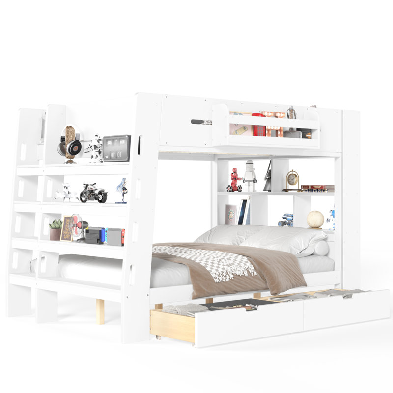 Full Over Full Bunk Bed with LED Lights, Bookcase Headboard & Storage Drawers, Space-Saving Bunk Bed Frame with Built-in Shelves & Guardrail for Bedroom Apartment, White