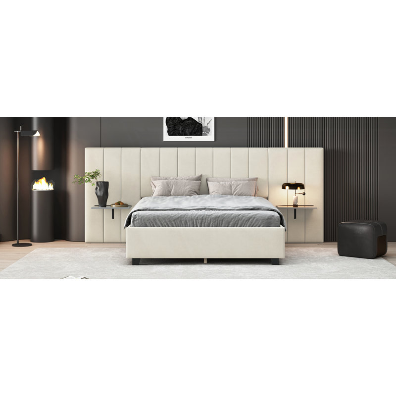 Upholstered Platform Bed With Big Headboard, Queen, Beige