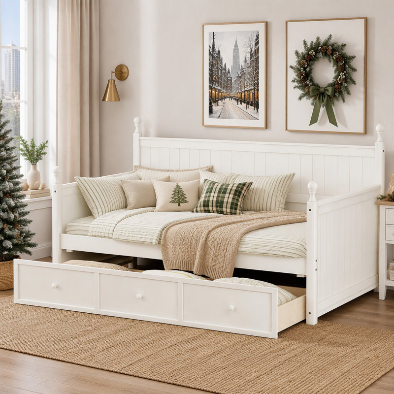 Lit de jour double en bois massif avec trois tiroirs de rangement pour des solutions de couchage et d'assise polyvalentes