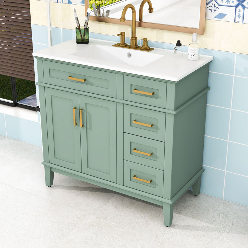 Meuble-lavabo de 36 po avec deux portes à fermeture douce et quatre tiroirs, Vert clair