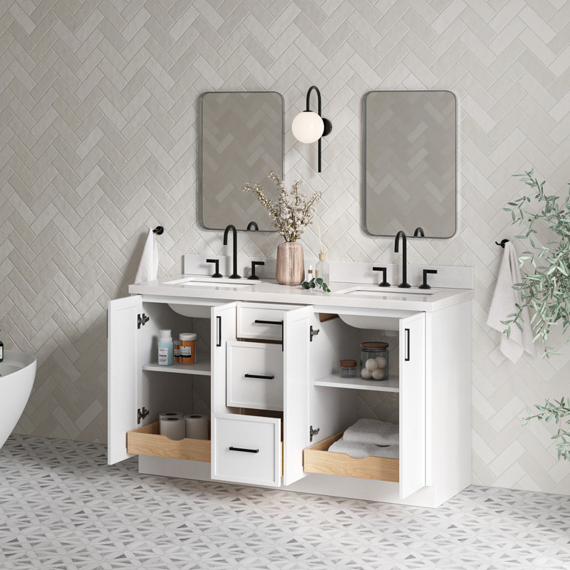 Ariel Kelly 61 Inch Double Rectangular Sink Bathroom Vanity With Pure Quartz Countertop, White