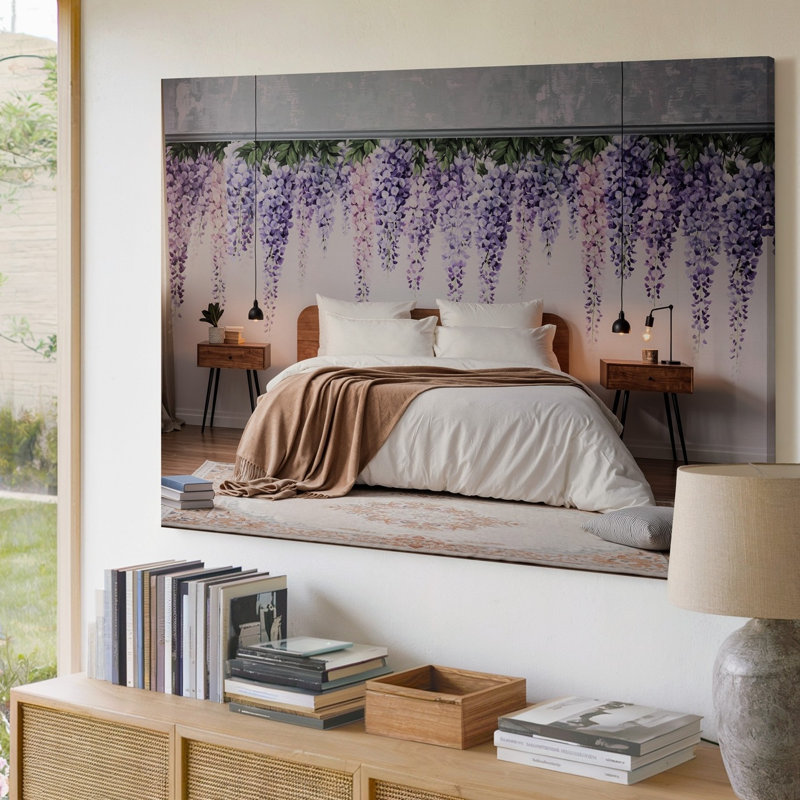 Toile une scène de chambre à coucher sereine avec art mural orné d'un grand lit moelleux avec des draps blancs et un jeté brun doux