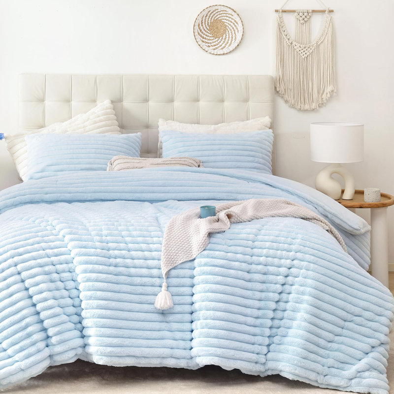 Fluffy Comforter Set 2 Pieces- All Seasons Heavy Faux Fur Comforter With One Pillowcase, Blue