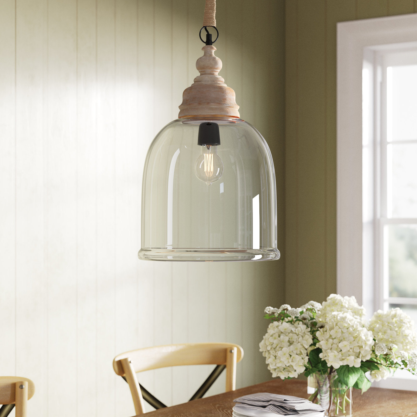 Bridgit Single Light Glass Wood Pendant, 85" H x 11.25" W x 11.25" D