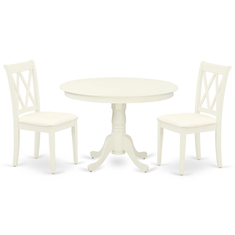3 Piece Dining Set Contains a Round Dining Table with Pedestal and 2 Linen Fabric Kitchen Room Chairs, Linen White, 3