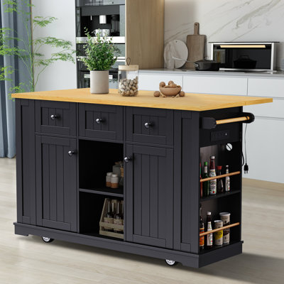 53.1"W Wood Kitchen Island with Drop Leaf, Kitchen Cart with Drawers, Cabinets, Spice Rack, Towel Bar, and Locking Wheels