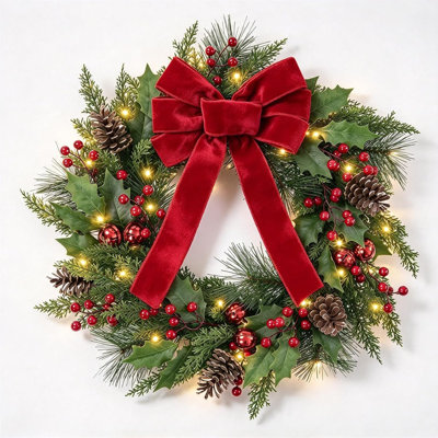 24 " Pre-Lit Mixed Greenery Wreath