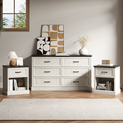 Ensemble de chambre à coucher 3 pièces, commode 6 tiroirs et tables de chevet