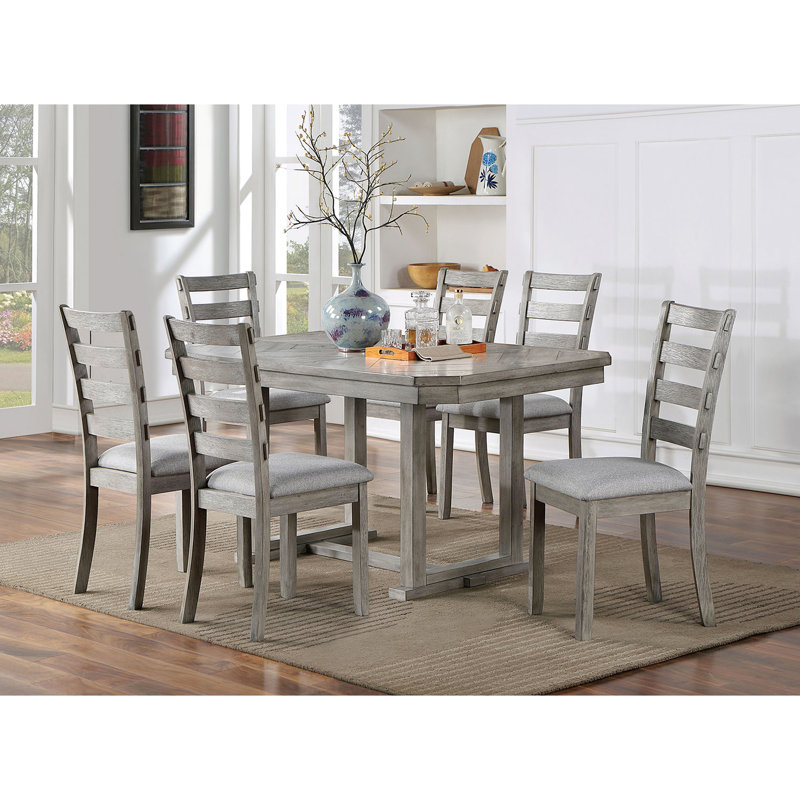 Table de salle à manger rectangulaire avec finition grise, attrait rustique, grain de bois diamant, brossé au métal, base à tréteaux, table à 6 places, brossé au métal