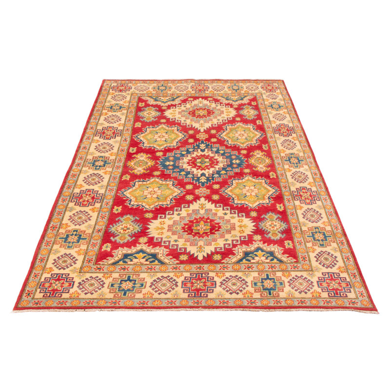Tapis rouge / beige / noir en laine noué à la main de conception unique 6 pi 7 po x 9 pi 11 po New Age DeRuyter