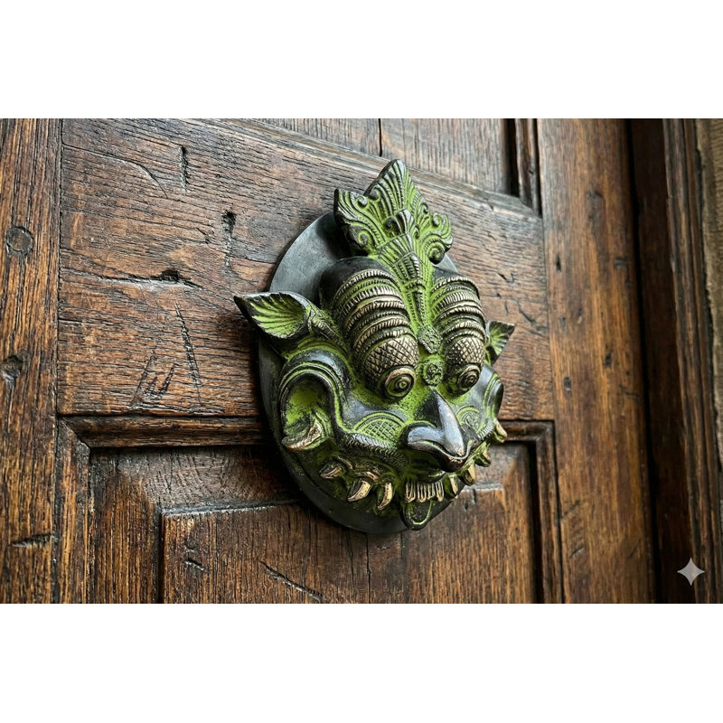 Brass Demon Face Door Knocker, 5.6 in. Green Patina Finish, Gothic Asian Traditional Hardware for Foyer & Front Door