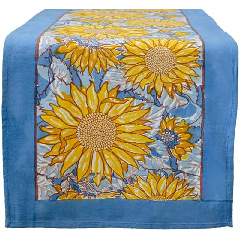 Sunflower Handmade Floral Table Runnner, Blue, 90" W x 16" L
