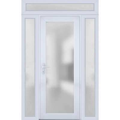 Porte d'entrée extérieure prémontée en fibre de verre, verre dépoli, Manux 8102 Blanc Soie, 2 fenêtres latérales et supérieures, portes extérieures pour bureaux, commerces et habitations, entrée, patio, garage - L 14+36+14 x H 80+14 - Ouverture à droite vers l'intérieur