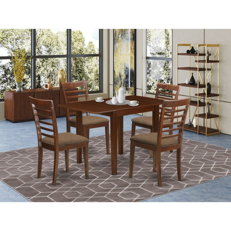 5 Piece Modern Dining Table Set Includes a Rectangle Wooden Table with Dropleaf and 4 Linen Fabric Dining Room Chairs, Mahogany