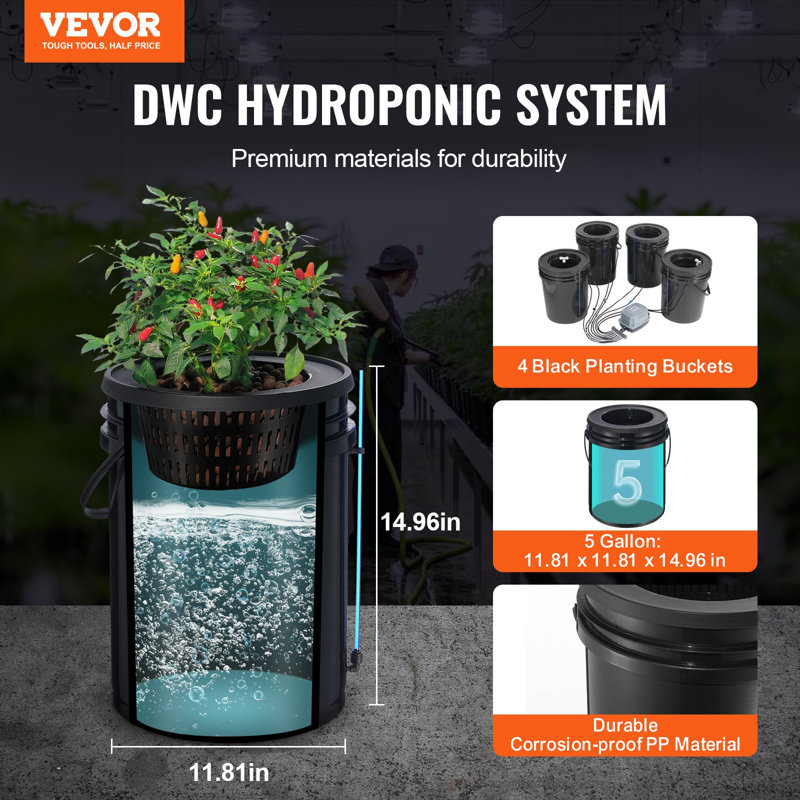 Système de culture hydroponique, système de culture hydroponique avec trousse d'égouttement, culture en eau profonde 5 seaux 4 gallons, avec pompe à air, pierres à air et dispositif de niveau d'eau pour les légumes-feuilles