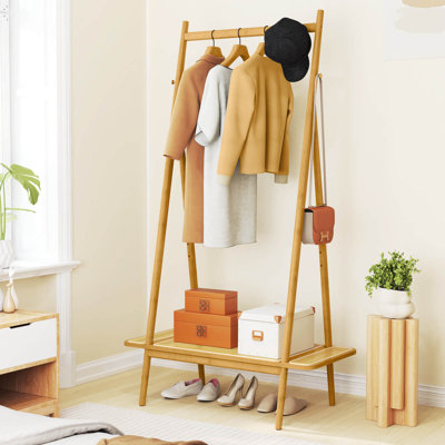 Bamboo Clothes Rack Clothing Rack With Hanging Rod Rattan Shelf & 5 Copper Hooks