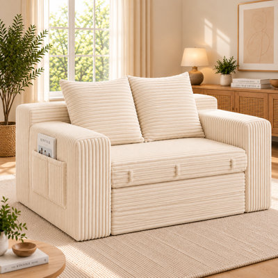 3‑in‑1 Convertible Boneless Corduroy Futon Sleeper Sofa Bed, Pull‑Out Couch with Side Pockets, Handle and 2 Pillows for Small‑Space Living Rooms & Bedrooms, No Assembly Required