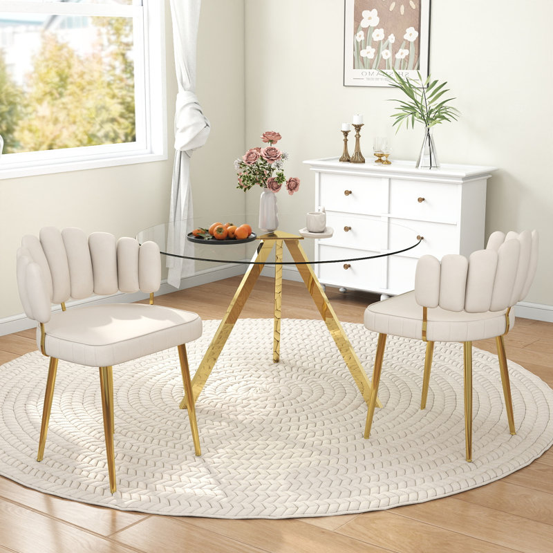 Ensemble de table de salle à manger ronde en verre, 47 pouces, 3 Pieces: Table, 2 Chairs, Beige
