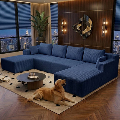 142" Modular Sectional Sofa, Modern Corduroy Cloud Couch with Deep Seat, Boneless Couch Upholstered 5-Seater U-Shaped Sofa for Living Room, No Assembly Required