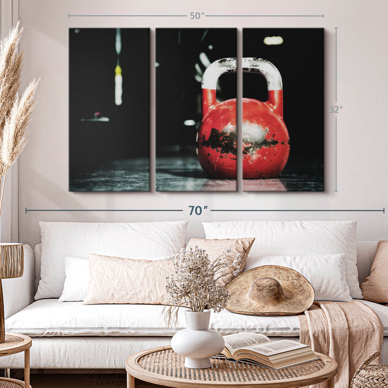 Impression sur toile rouge rétro Kettlebell, H 32 po x l 50 po x P 1,25 po