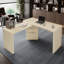 Bureau moderne en L 90 po en bois naturel avec 3 tiroirs, bureau pivotant à 360 ° en bois, bureau de direction, bureau d'angle, bureau d'étude, pour le bureau à domicile ou le salon