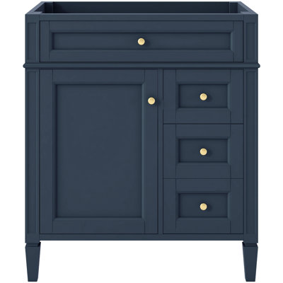 Meuble-lavabo de salle de bain 30 po sans lavabo, 3 tiroirs, organisateur de porte d'armoire, tablette réglable, tiroir coulissant, glissières de tiroir en métal lisse, rangement divers, pieds en bois massif et bleu, pieds romains, texturé