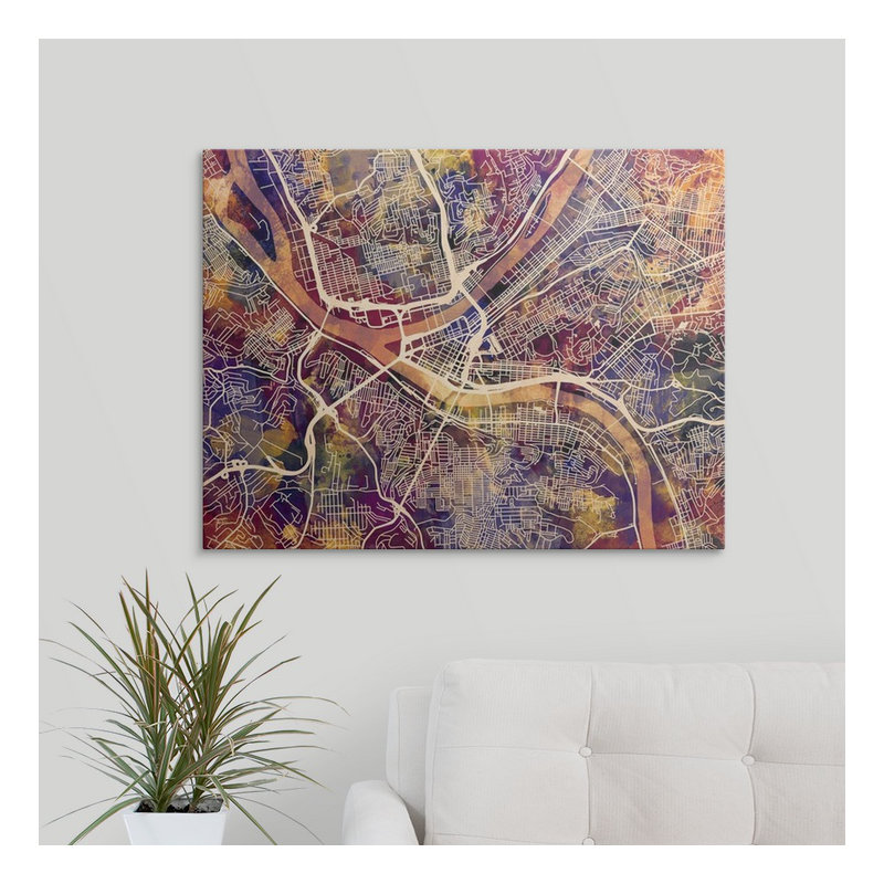 «Pittsburgh Pennsylvania Street Map» par Bellen, impression, H 18 po x l 24 po x P 1,5 po, Toile