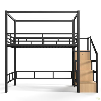 Lit mezzanine avec escalier de rangement et garde-robe, lit mezzanine en métal avec cadre à baldaquin et éclairage à DEL, conception spacieuse sous le lit