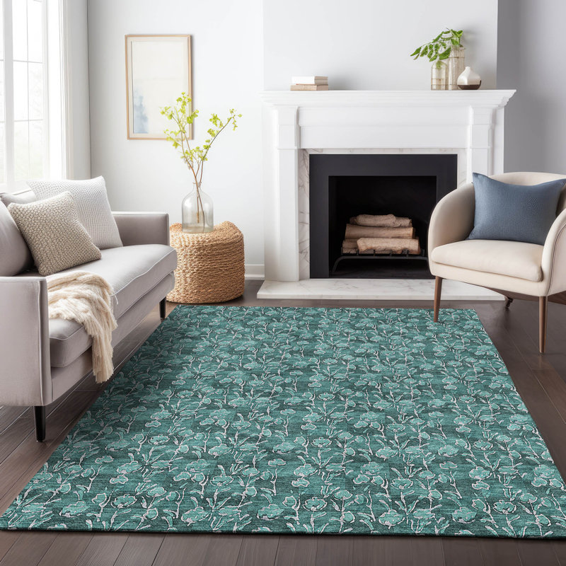 Tapis bleu sarcelle lavable à la machine Premium Prisco, Rectangulaire 8 pi x 10 pi