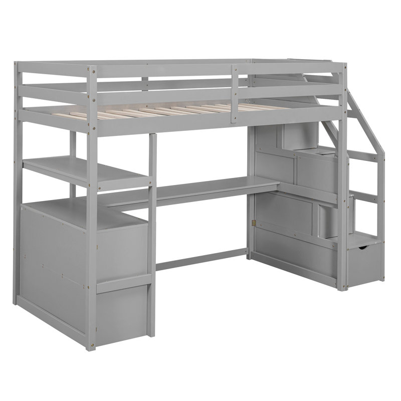 Lit mezzanine avec bureau et tablettes, deux tiroirs intégrés, escalier de rangement, Lit simple, Gris