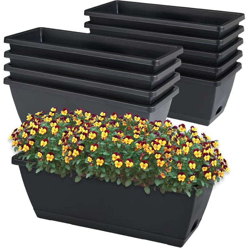 10 Pack 17 Inch Rectangular Plastic Window Box Planters with Saucers for Indoor & Outdoor Gardens, Patios, and Home Decor