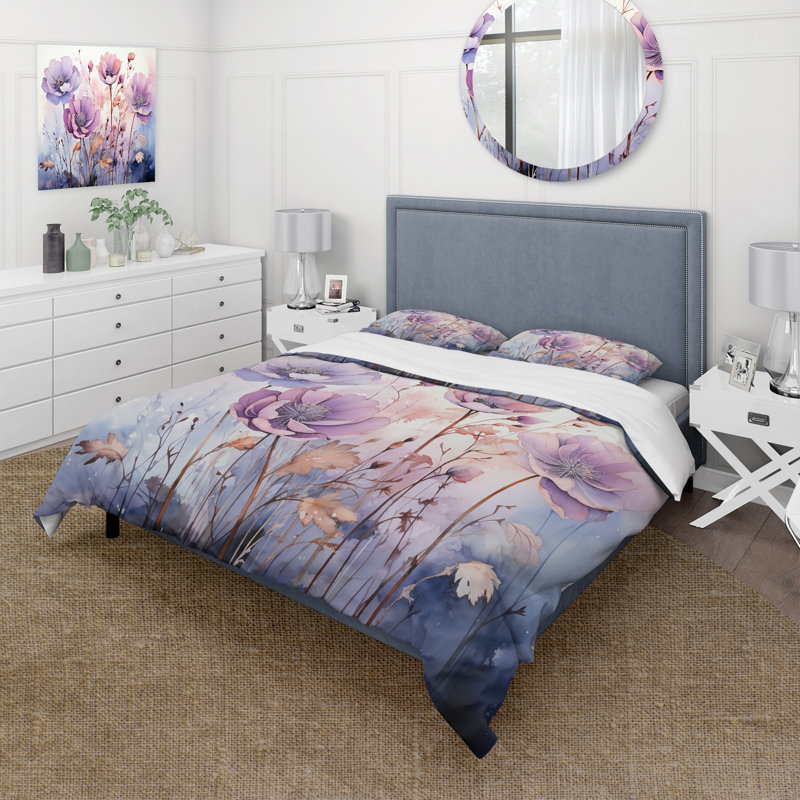 Ensemble de housse de couette à motif abstrait - Mystic Blooms II - Mauve, Housse de couette pour grand lit et 2 taies décor