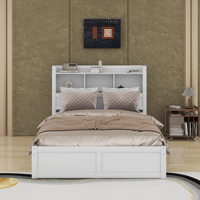 Lit plateforme double avec tablettes coulissantes, lit gigogne et tiroirs, Blanc